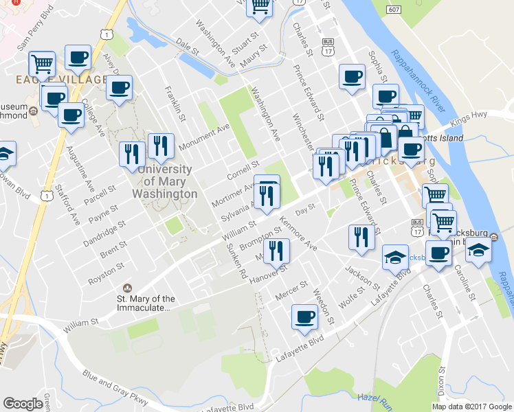 map of restaurants, bars, coffee shops, grocery stores, and more near 808 Sylvania Avenue in Fredericksburg