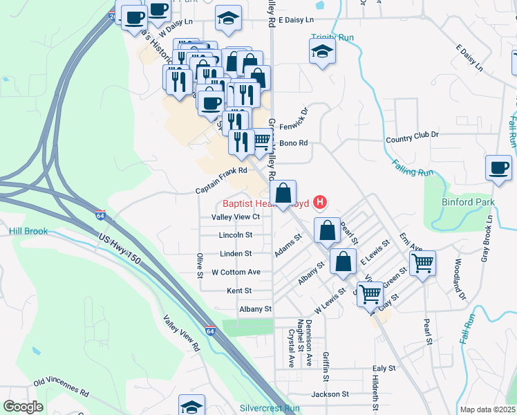 map of restaurants, bars, coffee shops, grocery stores, and more near 3 Valley View Court in New Albany