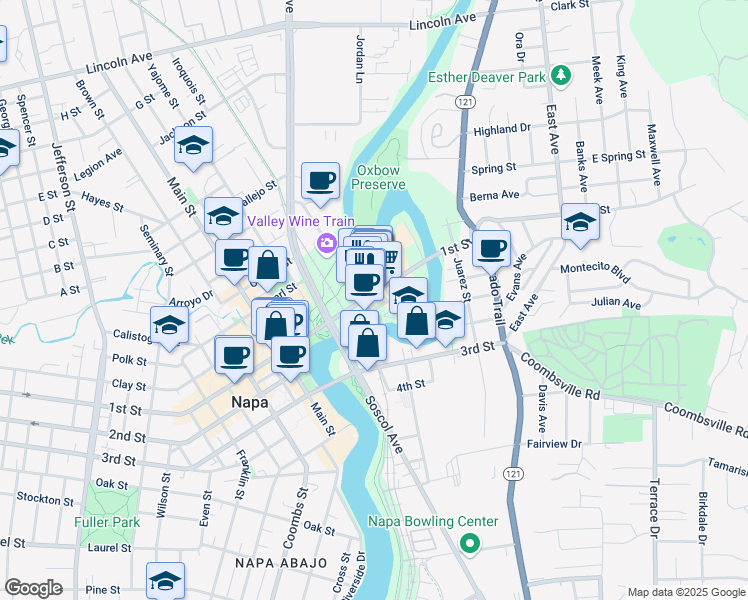 map of restaurants, bars, coffee shops, grocery stores, and more near 633 1st Street in Napa