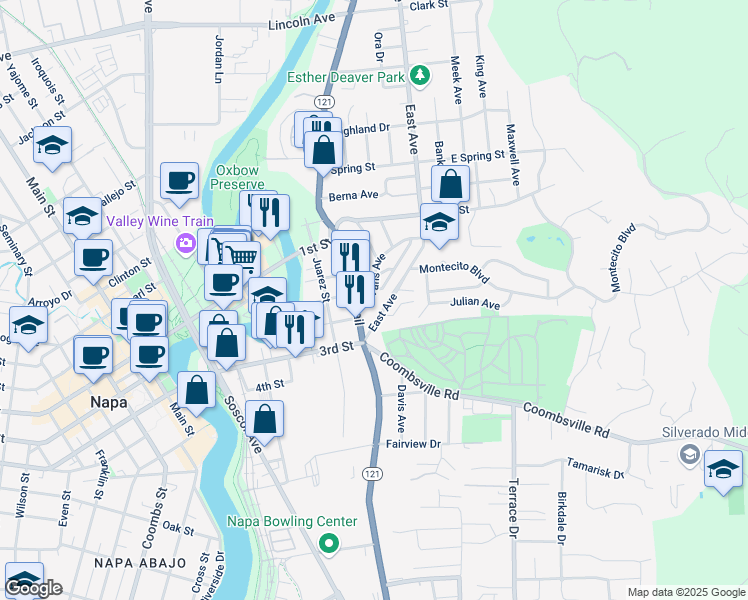 map of restaurants, bars, coffee shops, grocery stores, and more near 1038 Evans Avenue in Napa