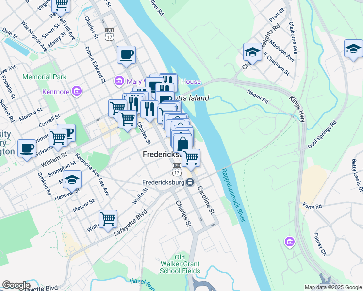 map of restaurants, bars, coffee shops, grocery stores, and more near 703 Caroline Street in Fredericksburg