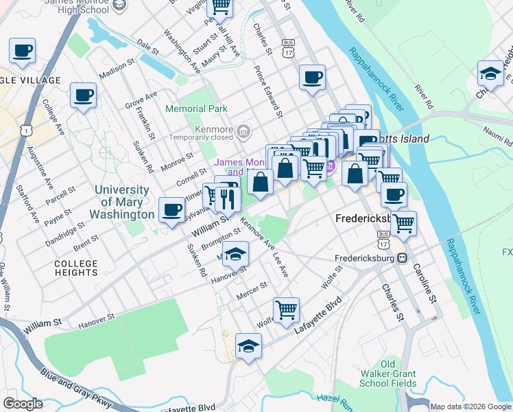 map of restaurants, bars, coffee shops, grocery stores, and more near 724 William Street in Fredericksburg