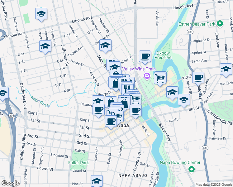 map of restaurants, bars, coffee shops, grocery stores, and more near 1030 Clinton St in Napa