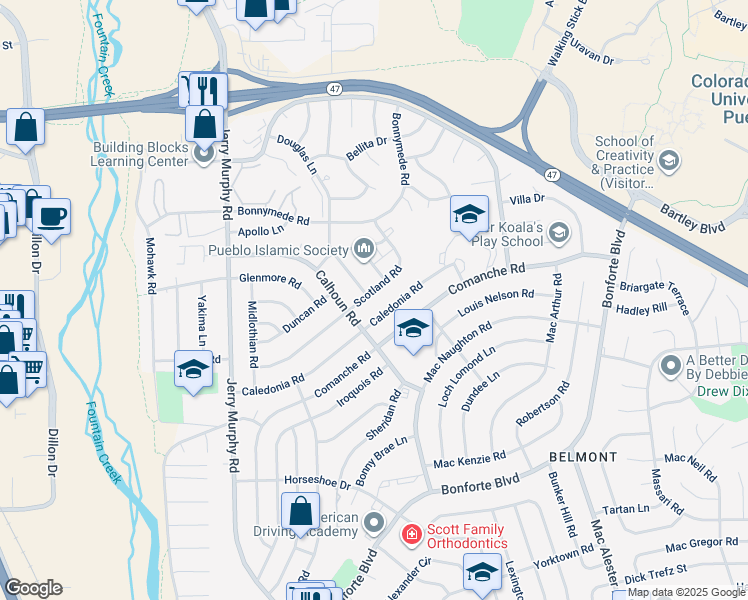 map of restaurants, bars, coffee shops, grocery stores, and more near 58 Scotland Road in Pueblo