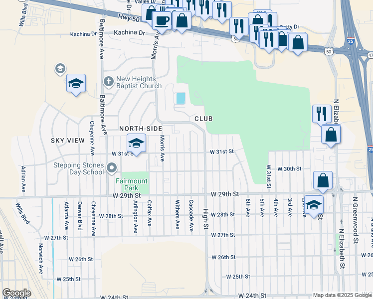 map of restaurants, bars, coffee shops, grocery stores, and more near 3101 Cascade Avenue in Pueblo