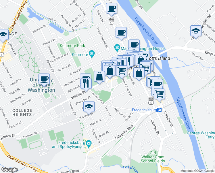 map of restaurants, bars, coffee shops, grocery stores, and more near 900 Barton Street in Fredericksburg