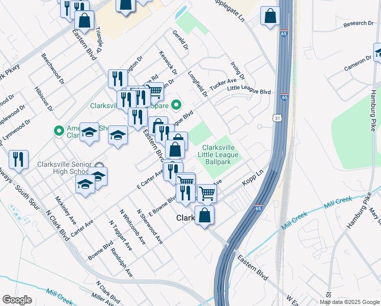 map of restaurants, bars, coffee shops, grocery stores, and more near 700 Eastern Boulevard in Clarksville