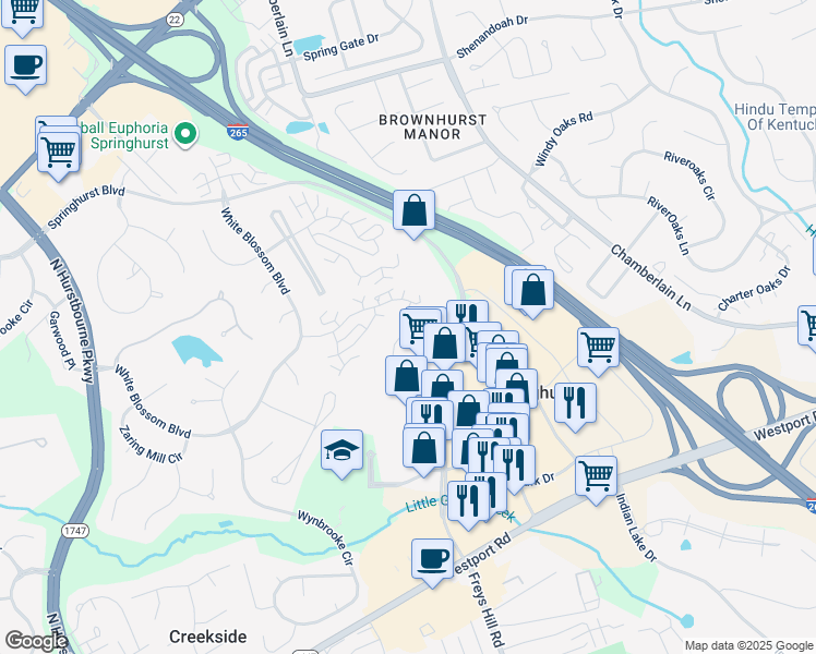 map of restaurants, bars, coffee shops, grocery stores, and more near 4200 Springbourne Way in Louisville