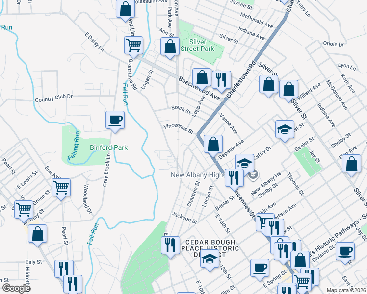 map of restaurants, bars, coffee shops, grocery stores, and more near 1525 Charlestown Road in New Albany