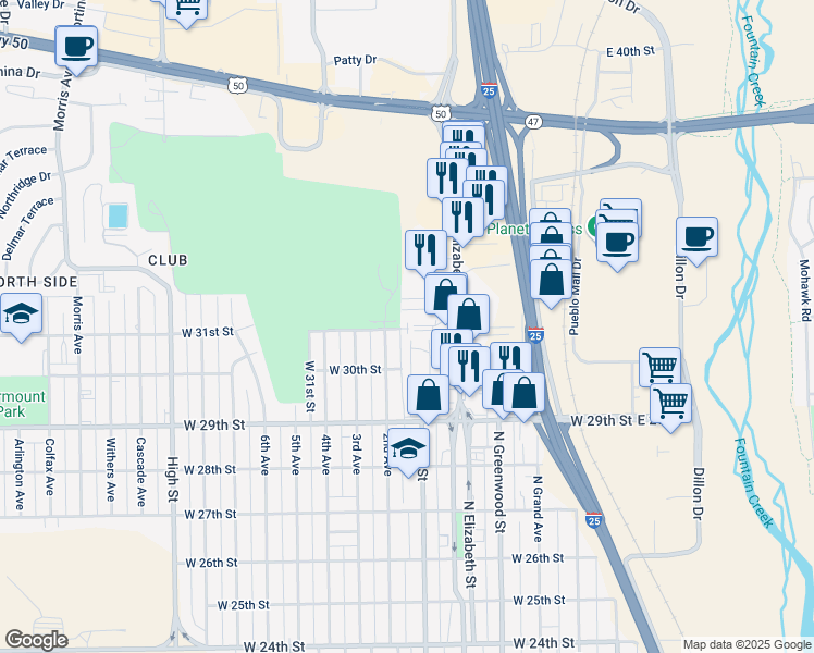 map of restaurants, bars, coffee shops, grocery stores, and more near 715 W 31st St in Pueblo