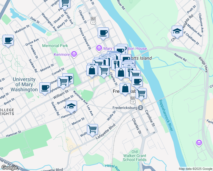 map of restaurants, bars, coffee shops, grocery stores, and more near 804 Prince Edward Street in Fredericksburg