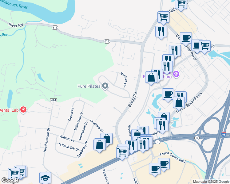 map of restaurants, bars, coffee shops, grocery stores, and more near 5415 Heritage Hills Circle in Fredericksburg