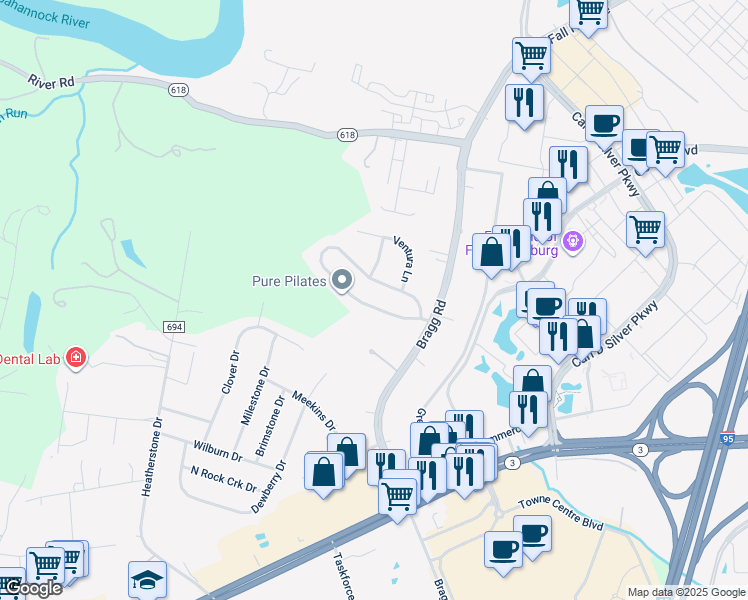 map of restaurants, bars, coffee shops, grocery stores, and more near 5415 Heritage Hills Circle in Fredericksburg