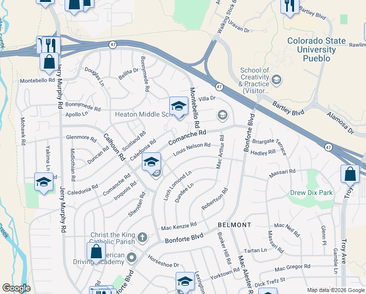 map of restaurants, bars, coffee shops, grocery stores, and more near 59 Louis Nelson Road in Pueblo