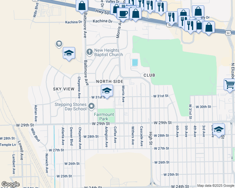 map of restaurants, bars, coffee shops, grocery stores, and more near 3108 Colfax Avenue in Pueblo