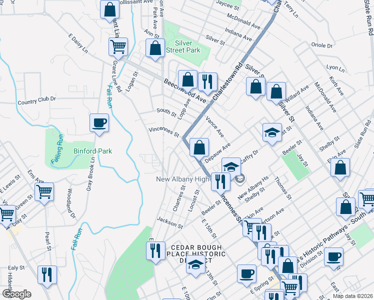 map of restaurants, bars, coffee shops, grocery stores, and more near 1247 Vincennes Street in New Albany