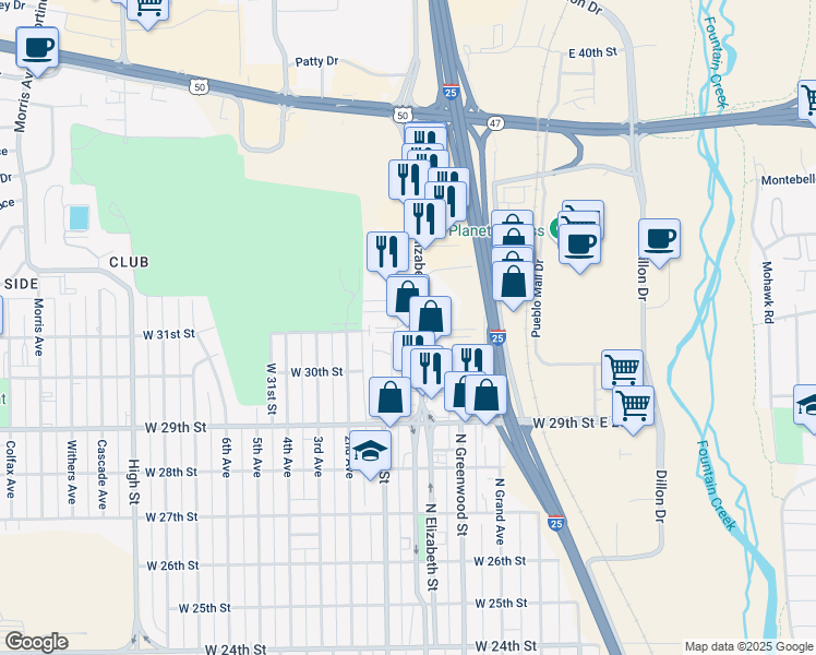 map of restaurants, bars, coffee shops, grocery stores, and more near 3035 North Elizabeth Street in Pueblo
