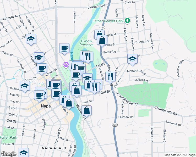map of restaurants, bars, coffee shops, grocery stores, and more near 442 Post St in Napa