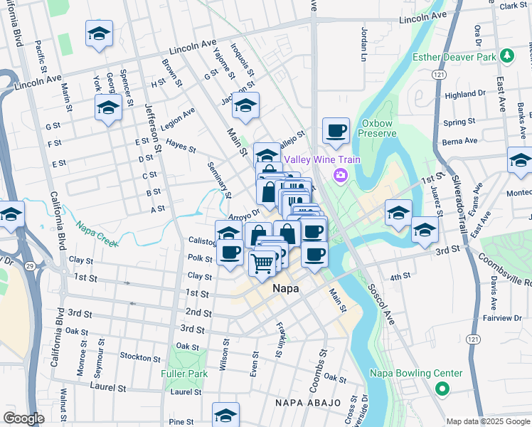 map of restaurants, bars, coffee shops, grocery stores, and more near 1030 Clinton Street in Napa