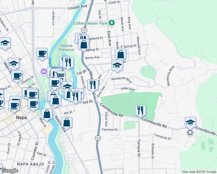 map of restaurants, bars, coffee shops, grocery stores, and more near 1040 East Avenue in Napa