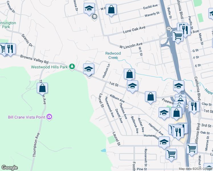 map of restaurants, bars, coffee shops, grocery stores, and more near 3260 Laurel Street in Napa