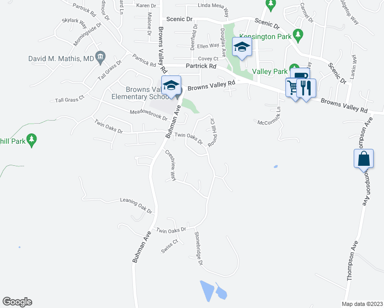 map of restaurants, bars, coffee shops, grocery stores, and more near 1135 Mountain View Circle in Napa