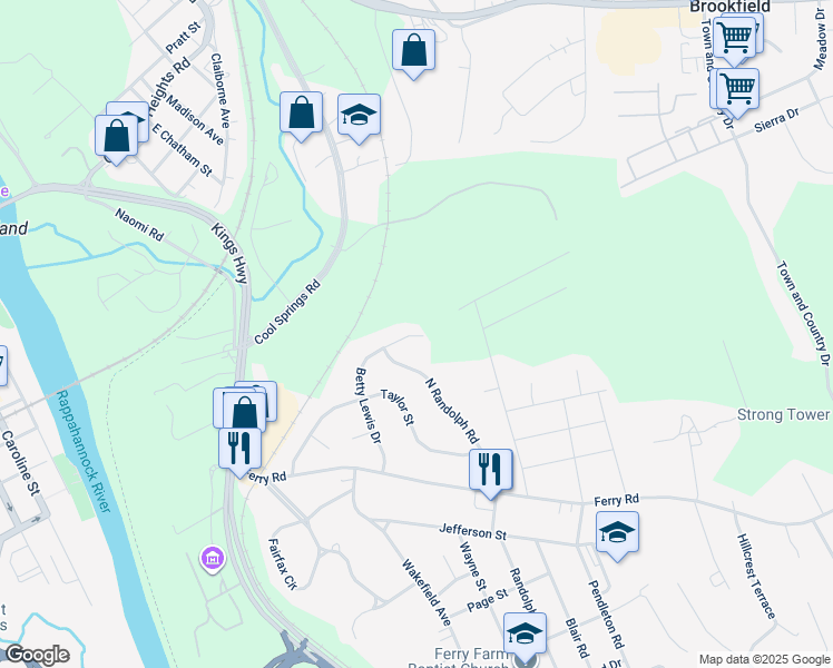 map of restaurants, bars, coffee shops, grocery stores, and more near 246 Betty Lewis Drive in Fredericksburg