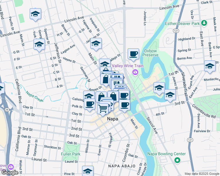 map of restaurants, bars, coffee shops, grocery stores, and more near 1245 Main Street in Napa