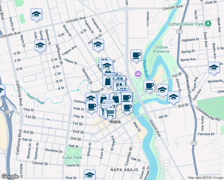 map of restaurants, bars, coffee shops, grocery stores, and more near 1245 Main Street in Napa