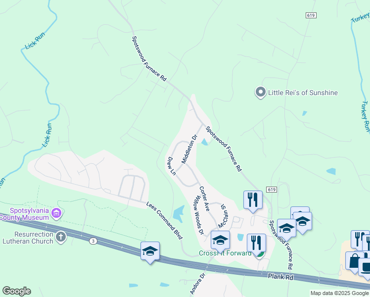 map of restaurants, bars, coffee shops, grocery stores, and more near 7306 Middleton Drive in Fredericksburg