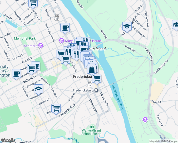 map of restaurants, bars, coffee shops, grocery stores, and more near 712 Caroline Street in Fredericksburg