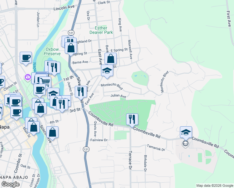 map of restaurants, bars, coffee shops, grocery stores, and more near 61 Julian Avenue in Napa