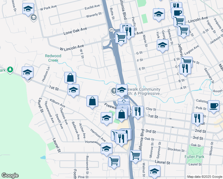 map of restaurants, bars, coffee shops, grocery stores, and more near 2608 1st Street in Napa