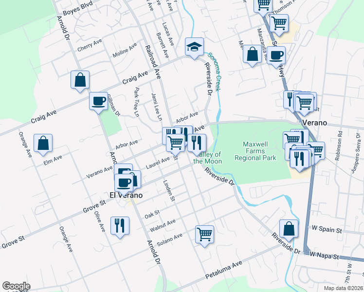 map of restaurants, bars, coffee shops, grocery stores, and more near in El Verano