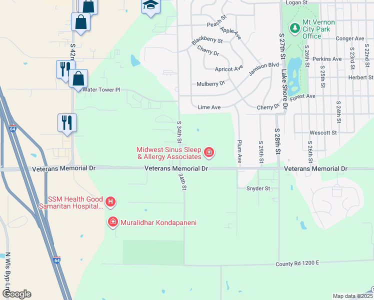 map of restaurants, bars, coffee shops, grocery stores, and more near 3230 Veterans Memorial Drive in Mount Vernon