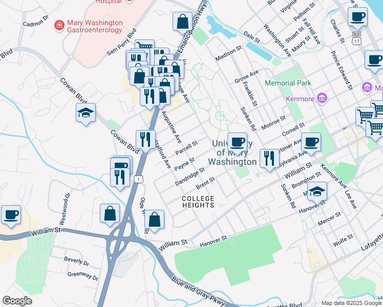 map of restaurants, bars, coffee shops, grocery stores, and more near 1507 Augustine Avenue in Fredericksburg