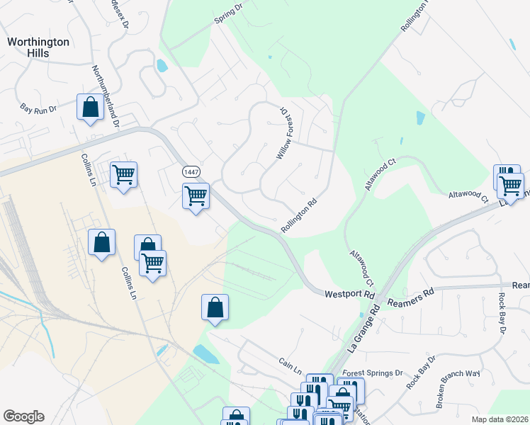 map of restaurants, bars, coffee shops, grocery stores, and more near 4309 Juniper Forest Place in Louisville