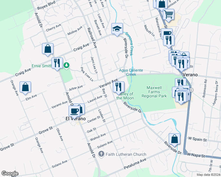 map of restaurants, bars, coffee shops, grocery stores, and more near 19022 Railroad Avenue in Sonoma