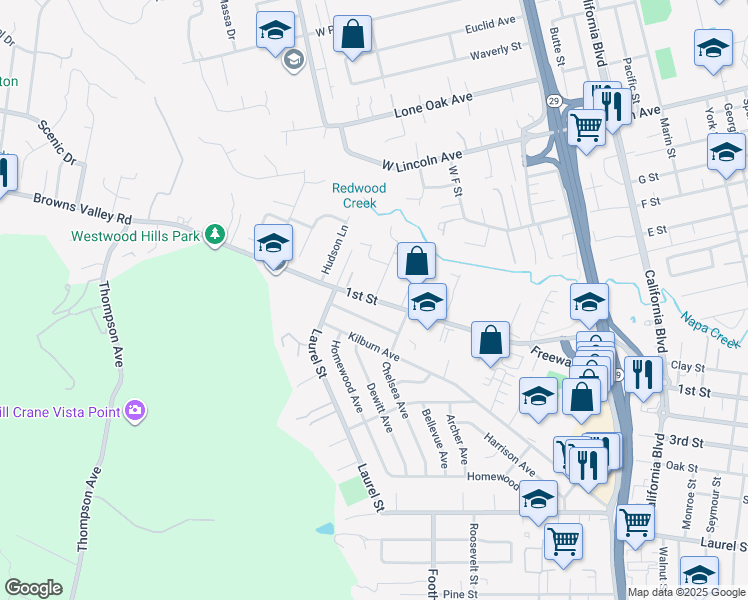 map of restaurants, bars, coffee shops, grocery stores, and more near Easum Dr & 1st St in Napa