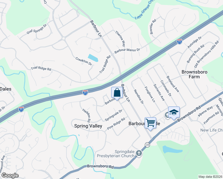 map of restaurants, bars, coffee shops, grocery stores, and more near 3506 Hillvale Road in Louisville