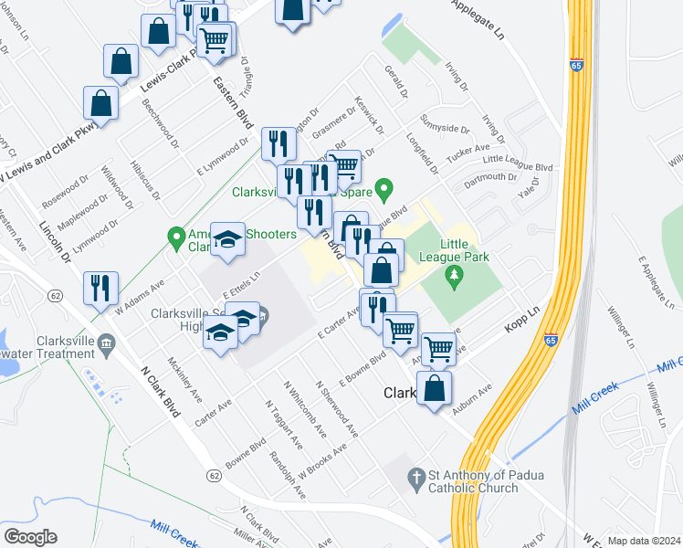 map of restaurants, bars, coffee shops, grocery stores, and more near 815 Eastern Blvd in Clarksville