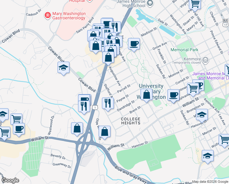 map of restaurants, bars, coffee shops, grocery stores, and more near 1321 Parcell Street in Fredericksburg