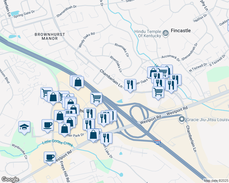 map of restaurants, bars, coffee shops, grocery stores, and more near 3750 Chamberlain Lane in Louisville