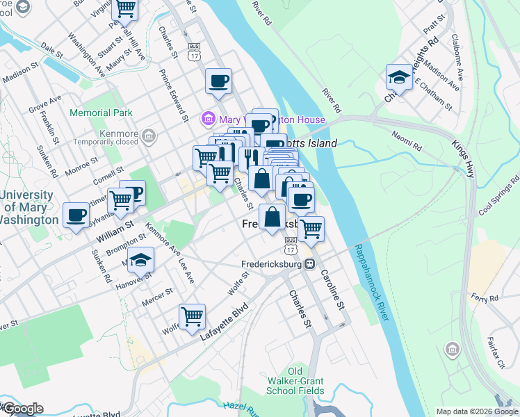 map of restaurants, bars, coffee shops, grocery stores, and more near 307 Hanover Street in Fredericksburg