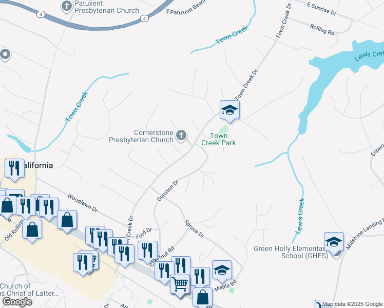 map of restaurants, bars, coffee shops, grocery stores, and more near 23076 Town Creek Drive in Lexington Park