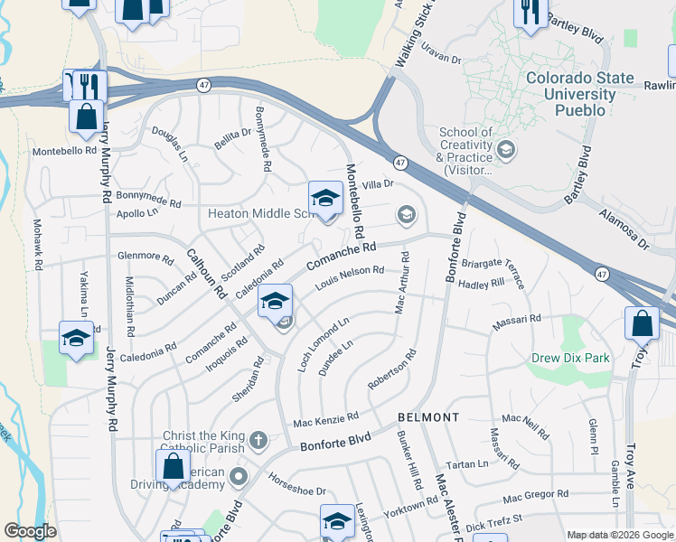 map of restaurants, bars, coffee shops, grocery stores, and more near 61 Louis Nelson Road in Pueblo
