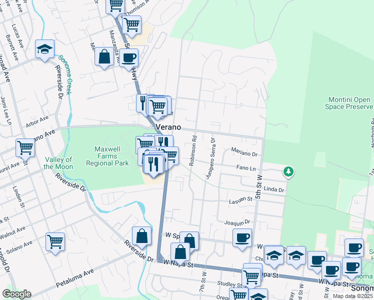 map of restaurants, bars, coffee shops, grocery stores, and more near 825 Melrose Court in Sonoma