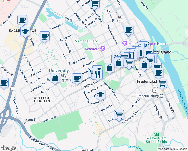 map of restaurants, bars, coffee shops, grocery stores, and more near 808 Sylvania Avenue in Fredericksburg