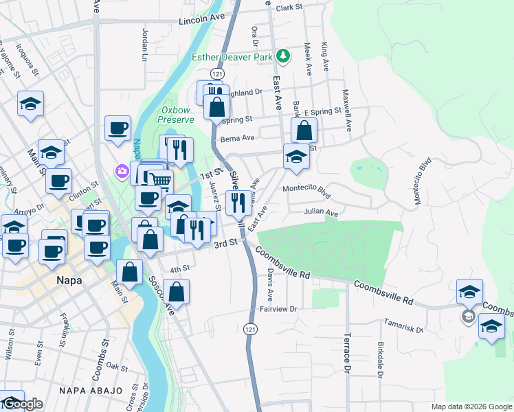 map of restaurants, bars, coffee shops, grocery stores, and more near 1038 Evans Avenue in Napa