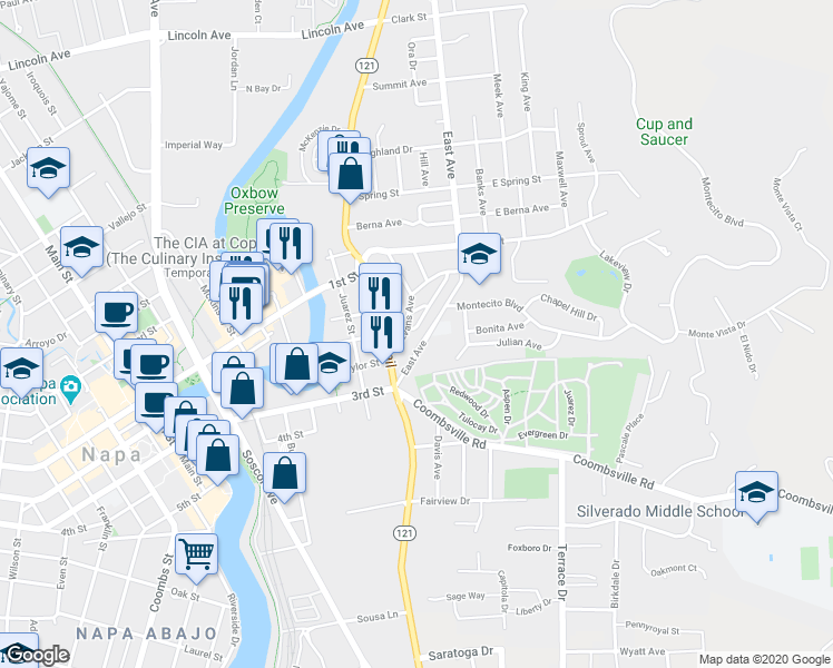 map of restaurants, bars, coffee shops, grocery stores, and more near 1038 Evans Avenue in Napa